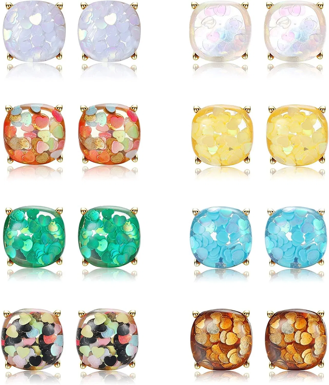 8 Pairs Faux Druzy Stud Earrings Heart Square Stud Earrings Stainless Statement Colorful Glitter Earrings for Women Teens - Grocery