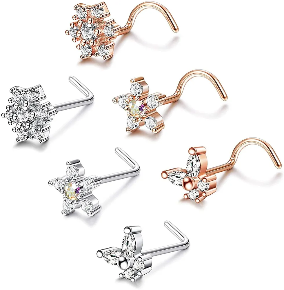 6Pcs 20G Flower Nose Rings L Shaped Nose Rings Snowflake Nose Stud Screw Nose Rings Butterfly Nose Stud for Women Men - Grocery