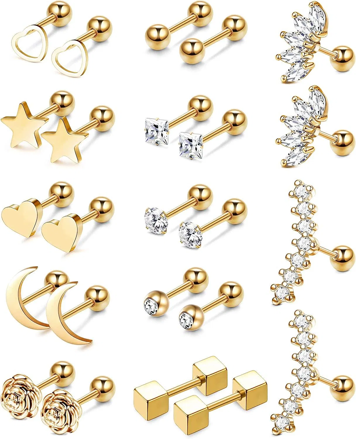 12 Pairs Trague Helix Cartilage Earrings Piercing for Women Labret Lip Stud Earrings 16G Stainless Body Piercing Jewelry - Grocery