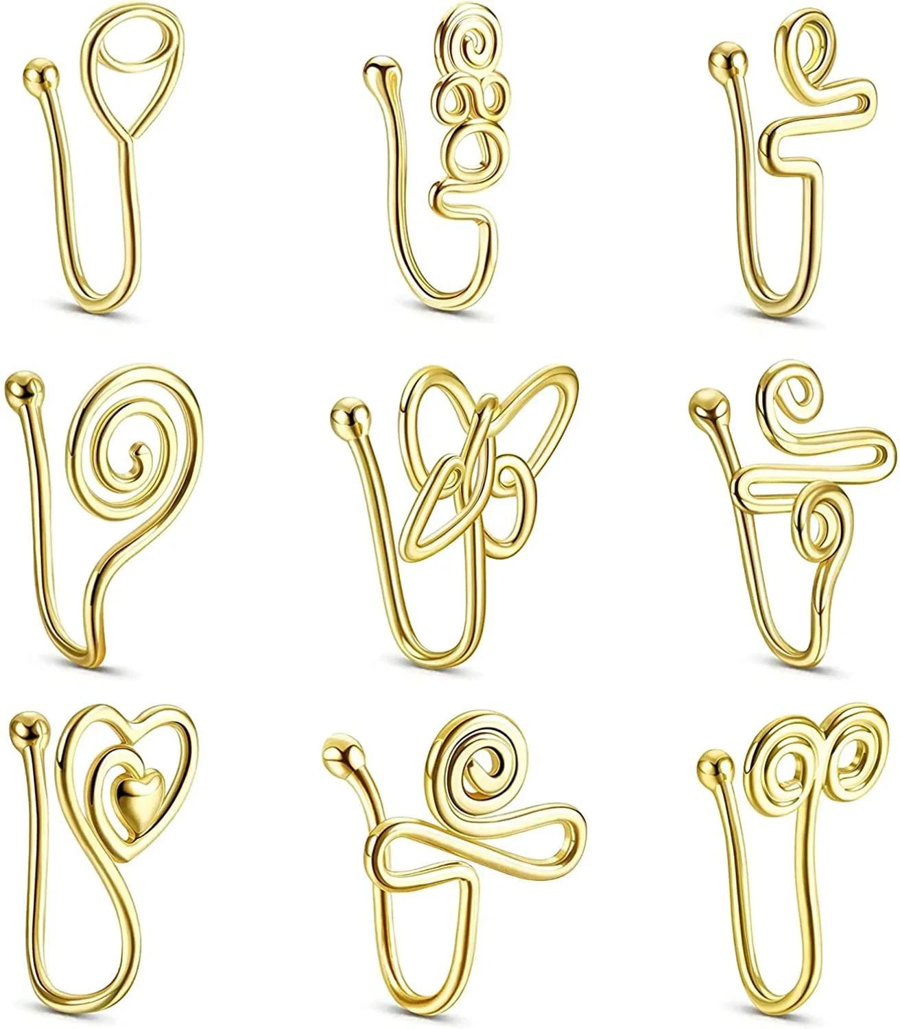 9 Pcs African Nose Cuff Non Piercing Fake Nose Ring for Women 14k Gold Plated Clip On Nose Ring Ear Cuff Fake Piercings - Grocery