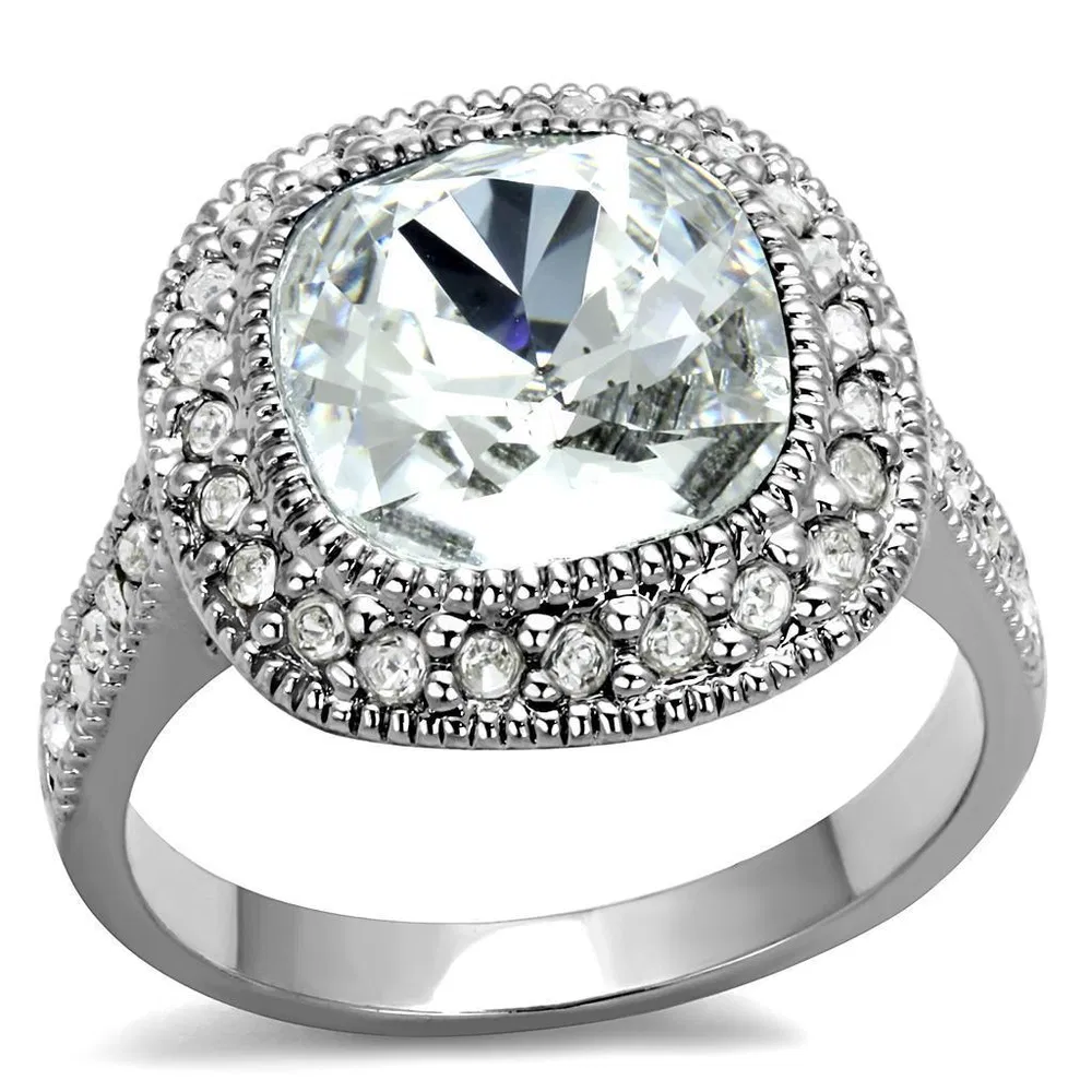 LO4092 - Rhodium Brass Ring with Top Grade Crystal in Clear - Grocery