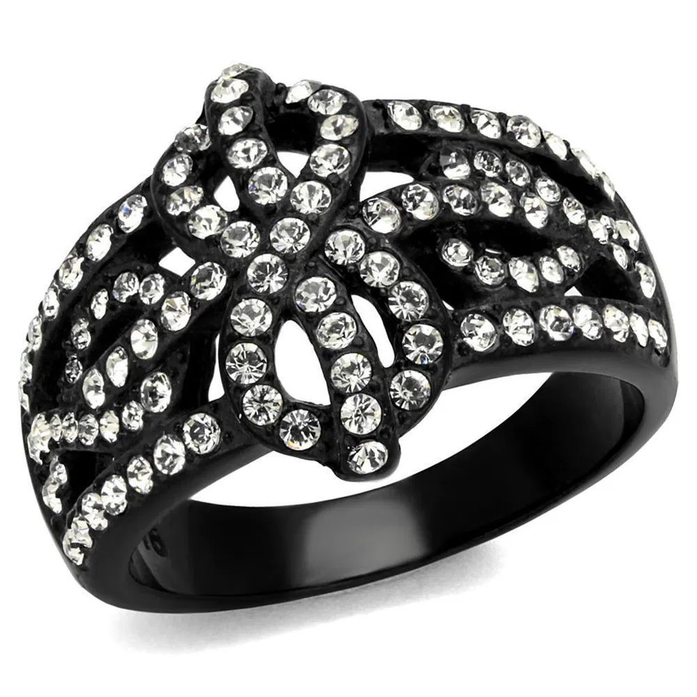 TK2363 - IP Black(Ion Plating) Stainless Steel Ring with Top Grade Crystal in Clear - Grocery
