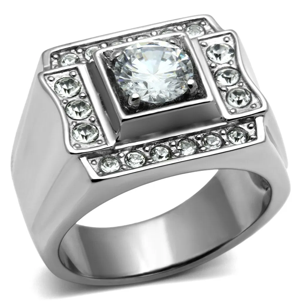TK593 - High polished (no plating) Stainless Steel Ring with AAA Grade CZ in Clear - Grocery