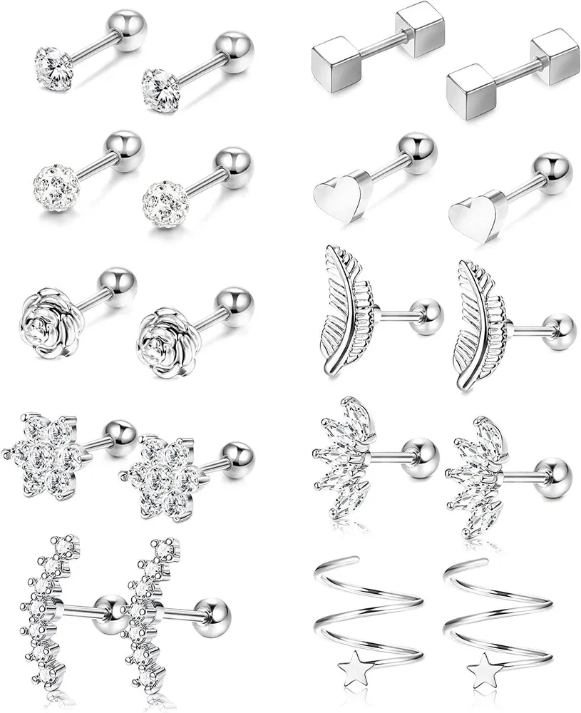 10 Pairs 18G Stainless Steel Ear Cartilage Earrings for Women Tragus Helix Barbell Heart Flower Feather CZ Stud Ear Piercing Jewelry - Grocery