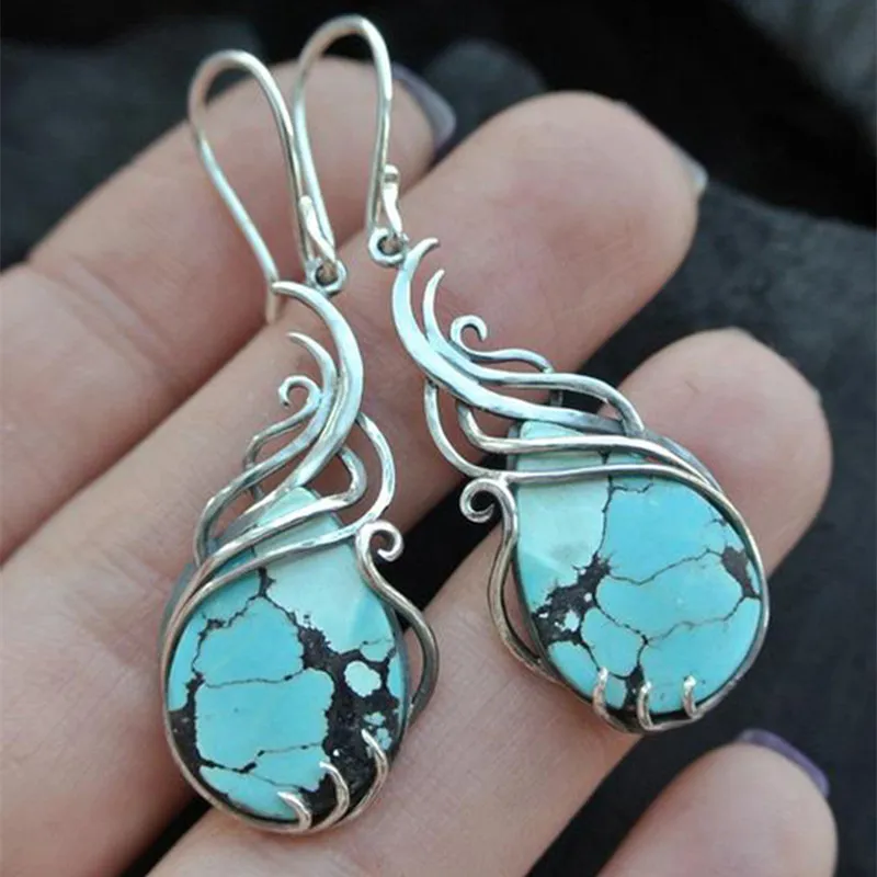 Vintage Boho Green Synthetic Gemstone Drop Earrings 925 Silver Plated Ear Decoration Jewelry - Grocery