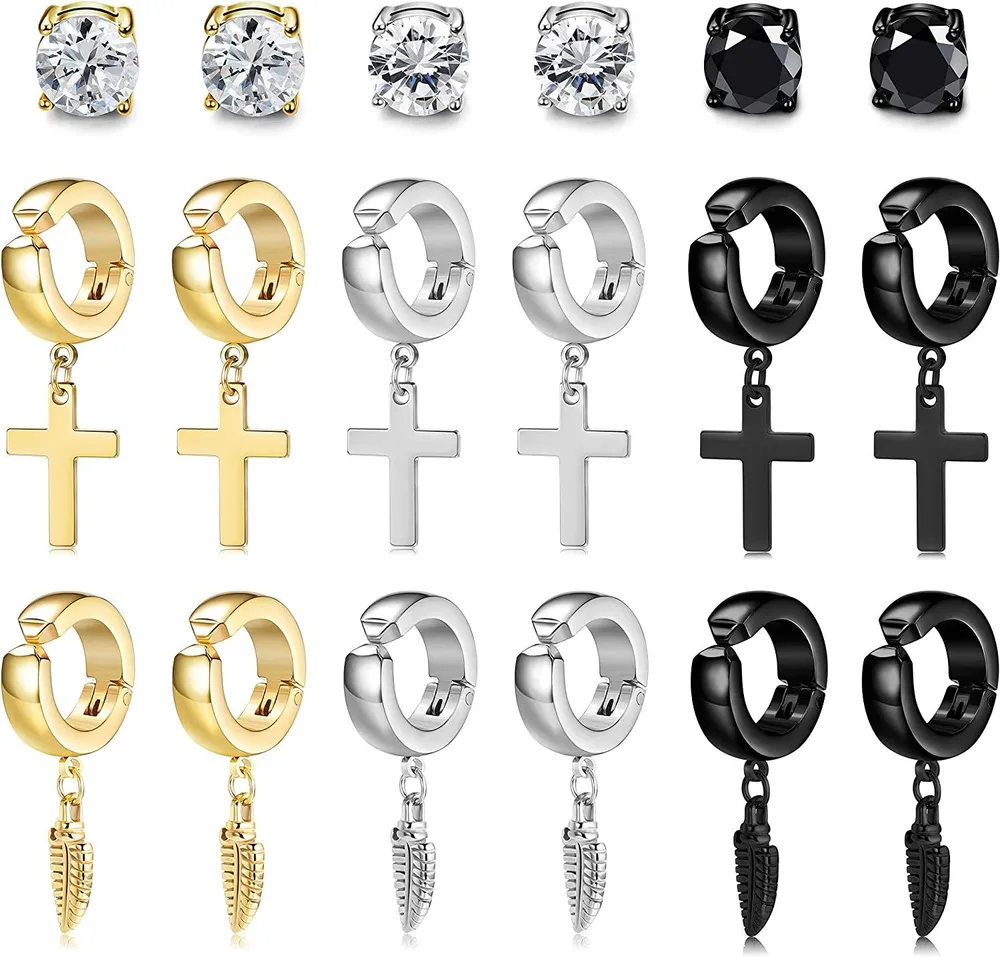 JEWELRY 9 Pairs Stainless Steel Cross Earring for Women Men CZ Magnetic Stud Earring No Piercing Hoop Huggie Cross Feather Hinged Earring Set - Grocery