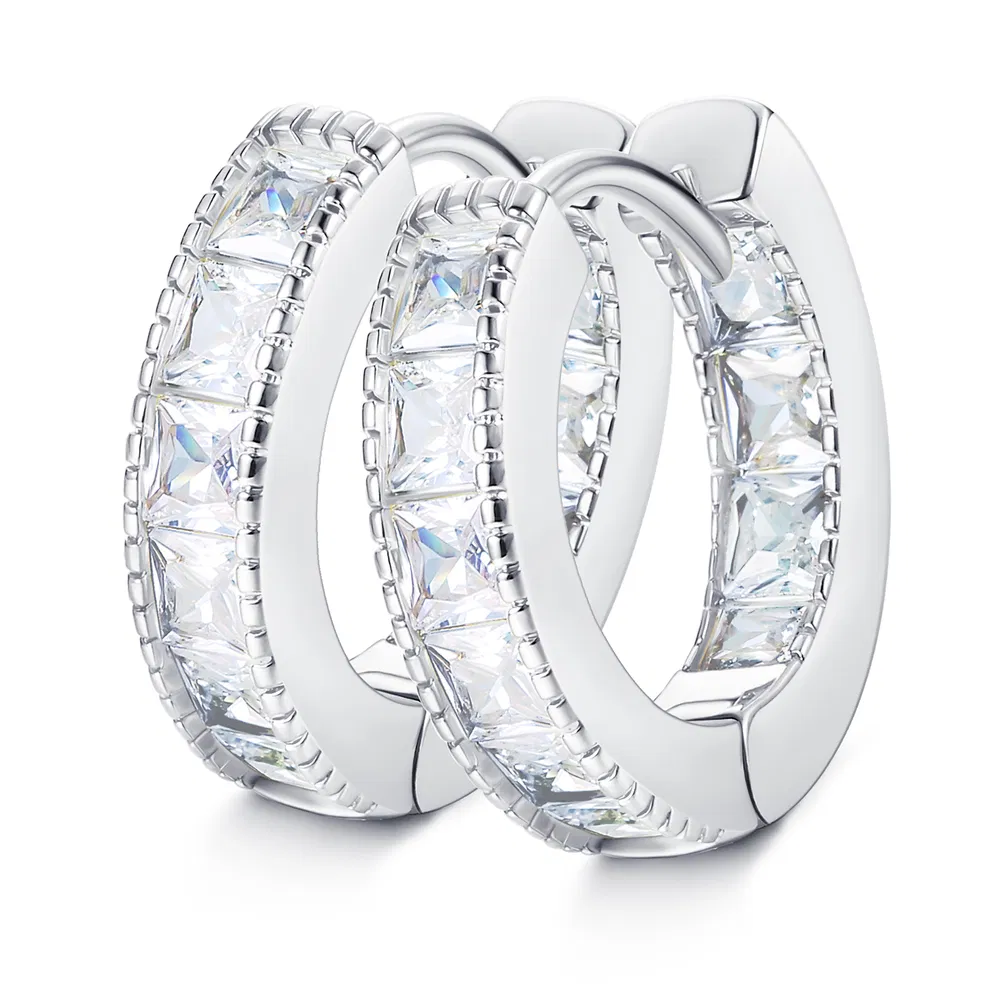925 Sterling Silver CZ Hoop Earring Princess Cubic Zirconia Pave Cuff Huggie Earring for Women and Men - Grocery