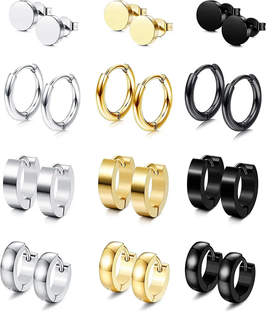 12 Pairs Stainless Steel Stud Earrings Set for Men Women Hoop Huggie Earrings Unisex Endless Cartilage Ear Piercing - Grocery