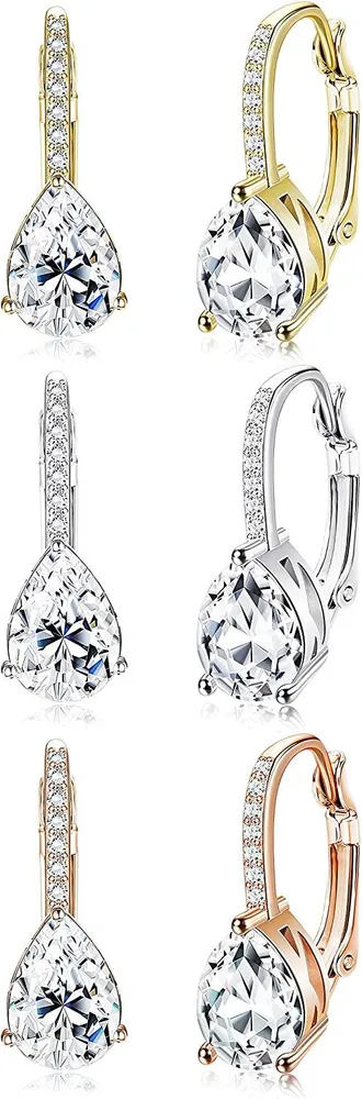3 Pairs 14K Gold Plated Cubic Zirconia Leverback Earrings Halo Round Teardrop Square CZ Drop Dangle Earrings for Women Dangling Earrings Set - Grocery