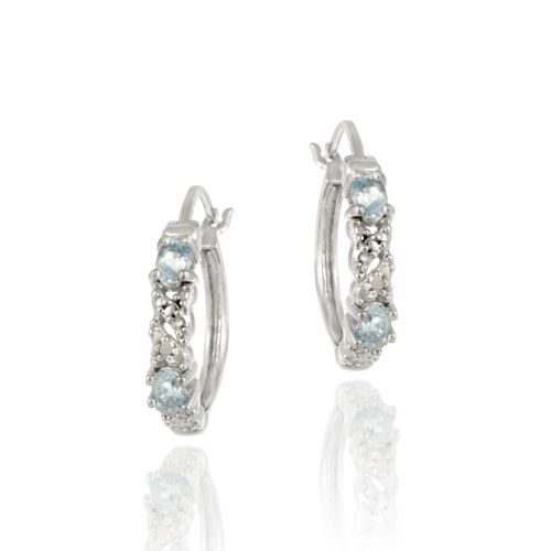 Sterling Silver .925 Genuine Blue Topaz & Diamond Accent Stone Oval & X Shape Pattern Hoop Earrings - Grocery