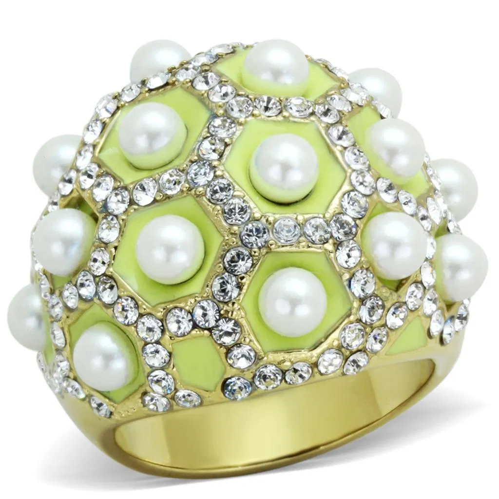 TK1636 - IP Gold(Ion Plating) Stainless Steel Ring with Synthetic Pearl in White - Grocery