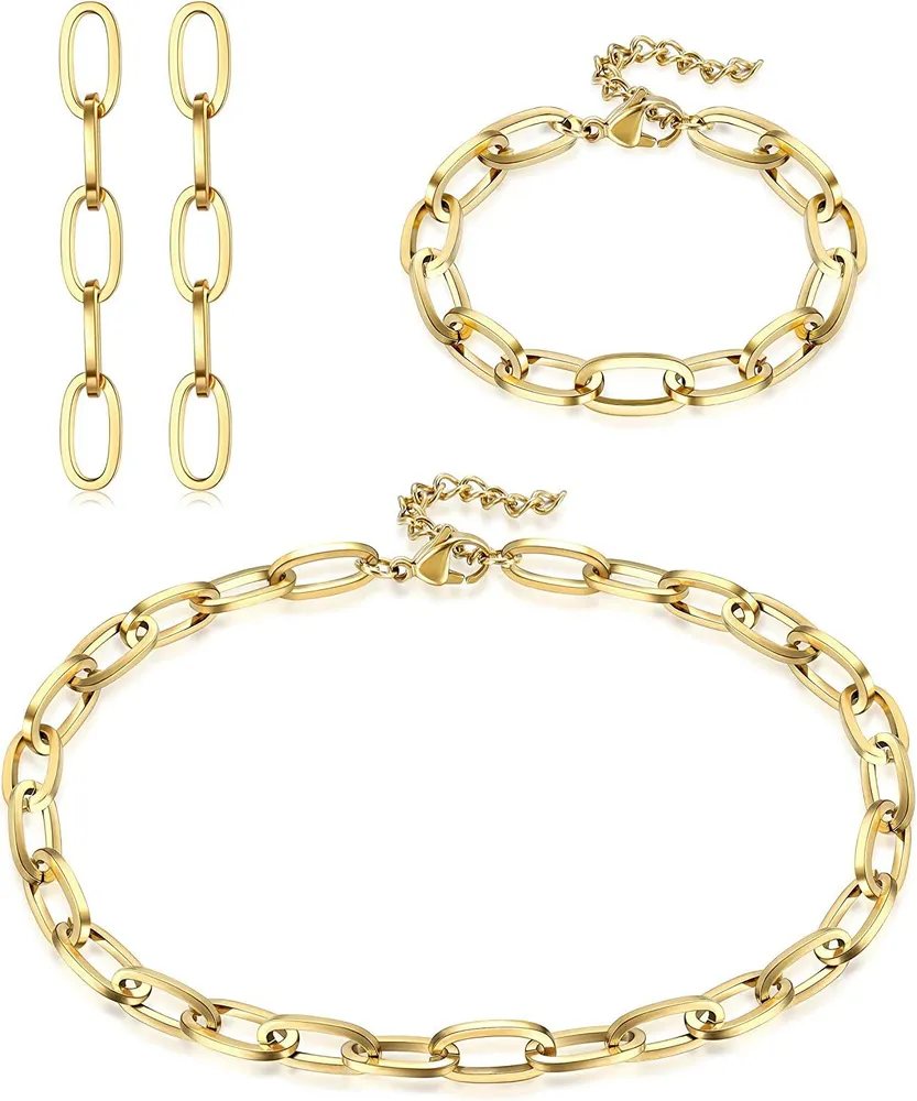 Paperclip Chain Necklace Link Bracelet for Women Stainless Made Dainty Oval Link Choker Necklace Dangle Earrings Costume Set - Grocery