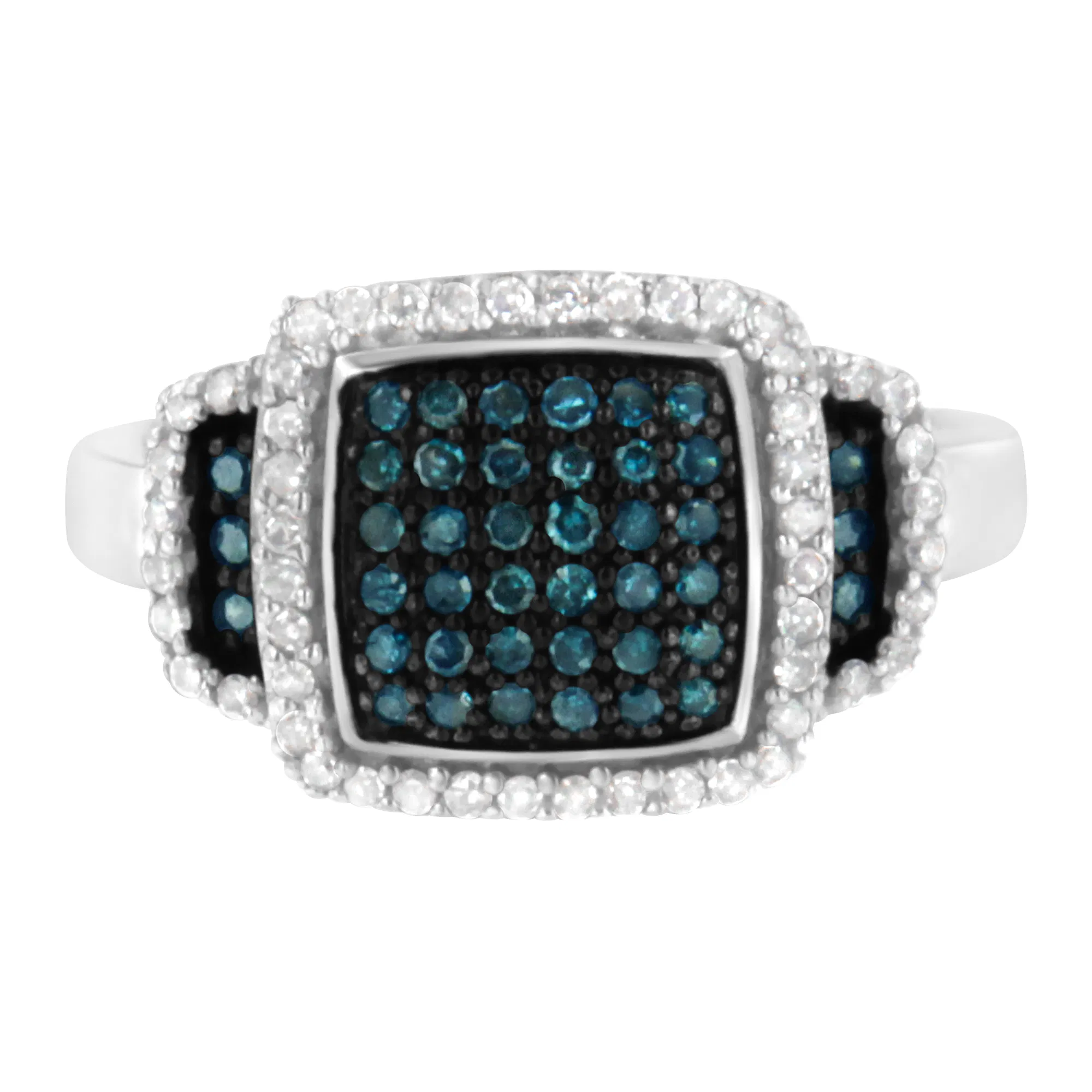Black Rhodium Plated .925 Sterling Silver 1/2 Cttw White & Blue Diamond Square Halo Cocktail Ring (Fancy Blue & H-I Color, I2-I3 Clarity) - Grocery