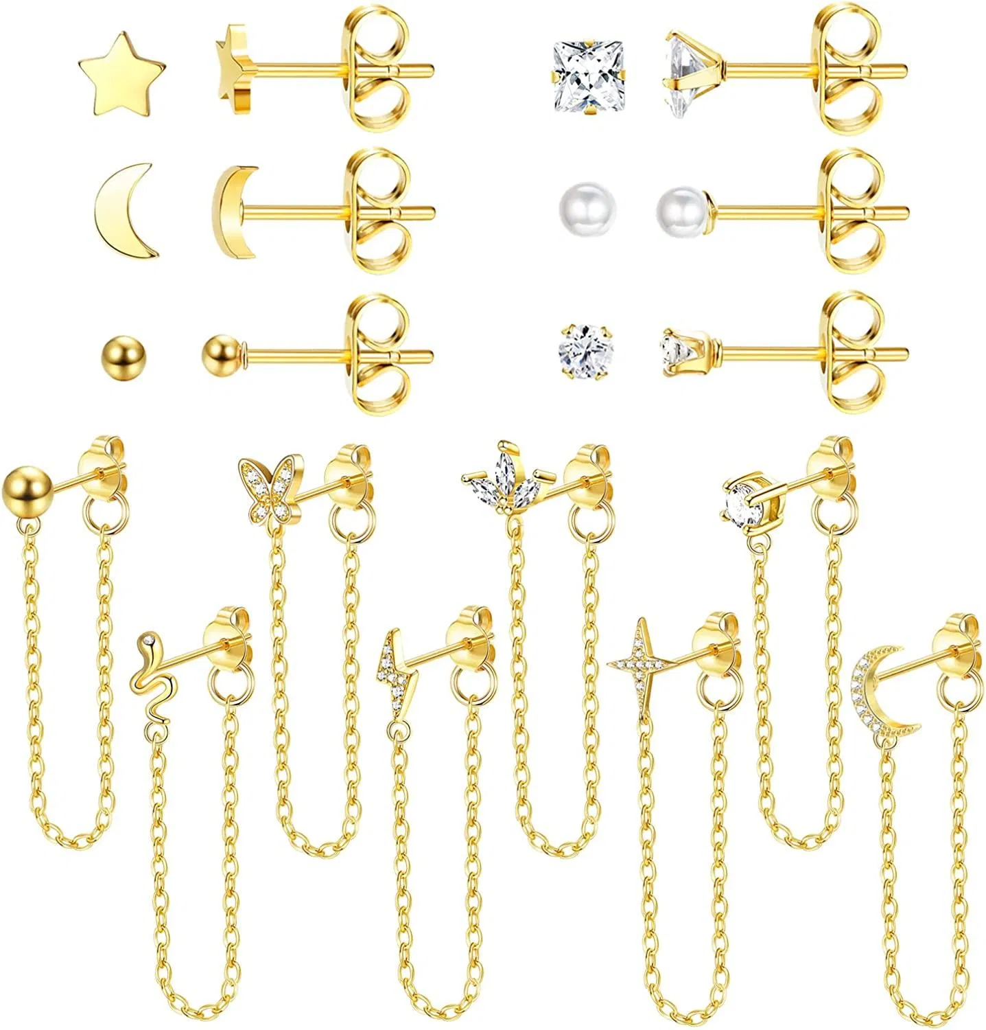 20 Pcs Chain Earrings for Women CZ Butterfly Flower Snake Moon Gold Chain Stud Earrings Set Pearl Ball Star Studs Dangle Earrings Piercing Jewelry - Grocery