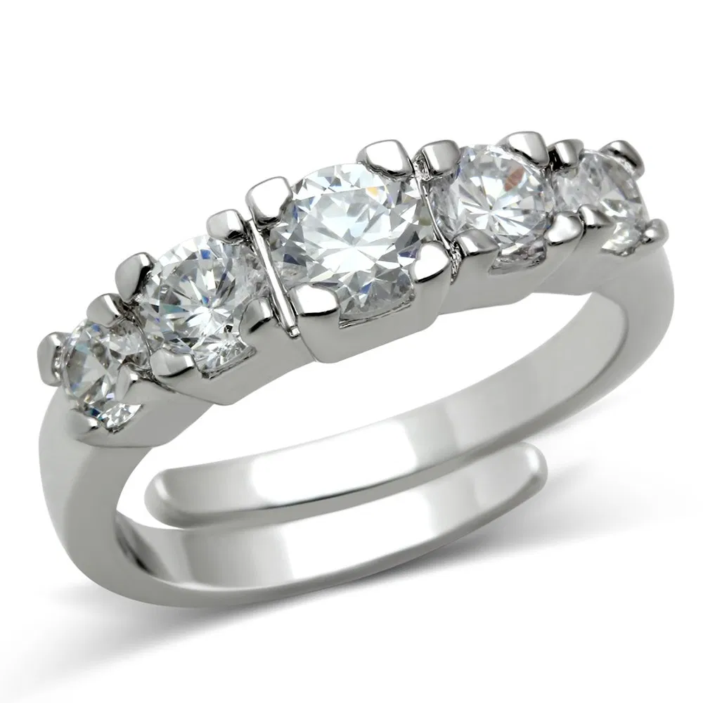 3W134 - Rhodium Brass Ring with AAA Grade CZ in Clear - Grocery