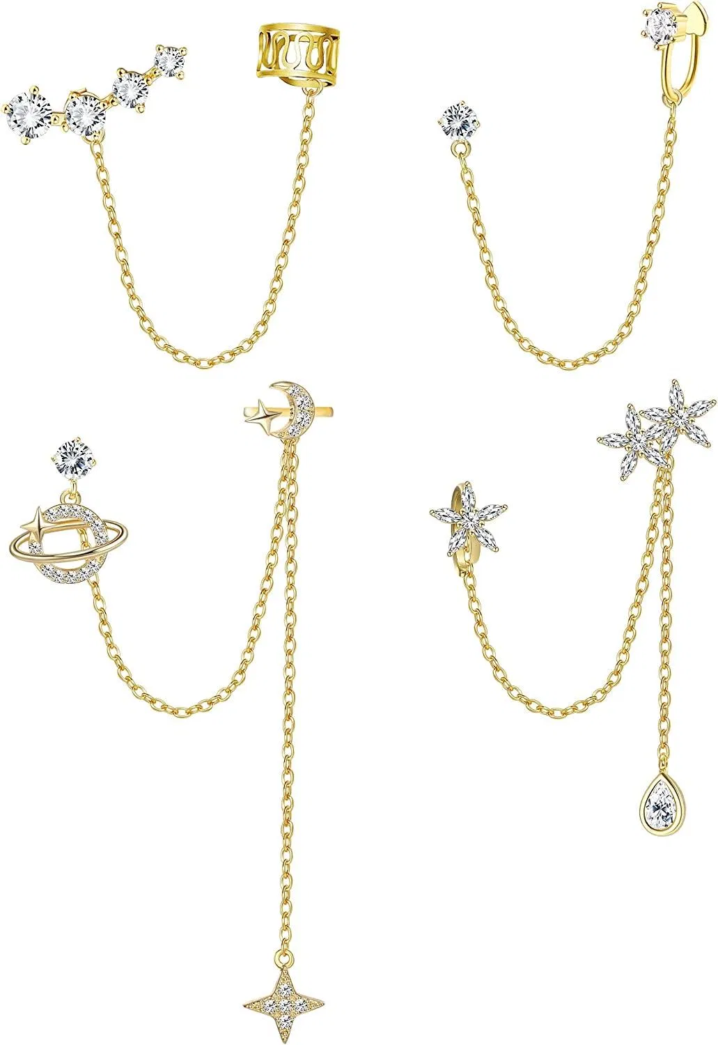 4PCS Cuff Earrings Chain for Women CZ Tassel Ear Cuff Crawler Long Chain Earrings Moon Star Planet Dangling Chain Earrings - Grocery