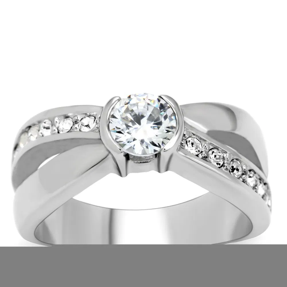 TK214 - High polished (no plating) Stainless Steel Ring with AAA Grade CZ in Clear - Grocery
