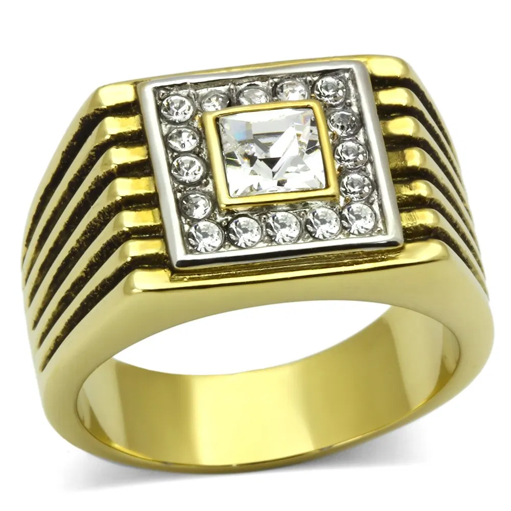 TK750 - Two-Tone IP Gold (Ion Plating) Stainless Steel Ring with Top Grade Crystal in Clear - Grocery