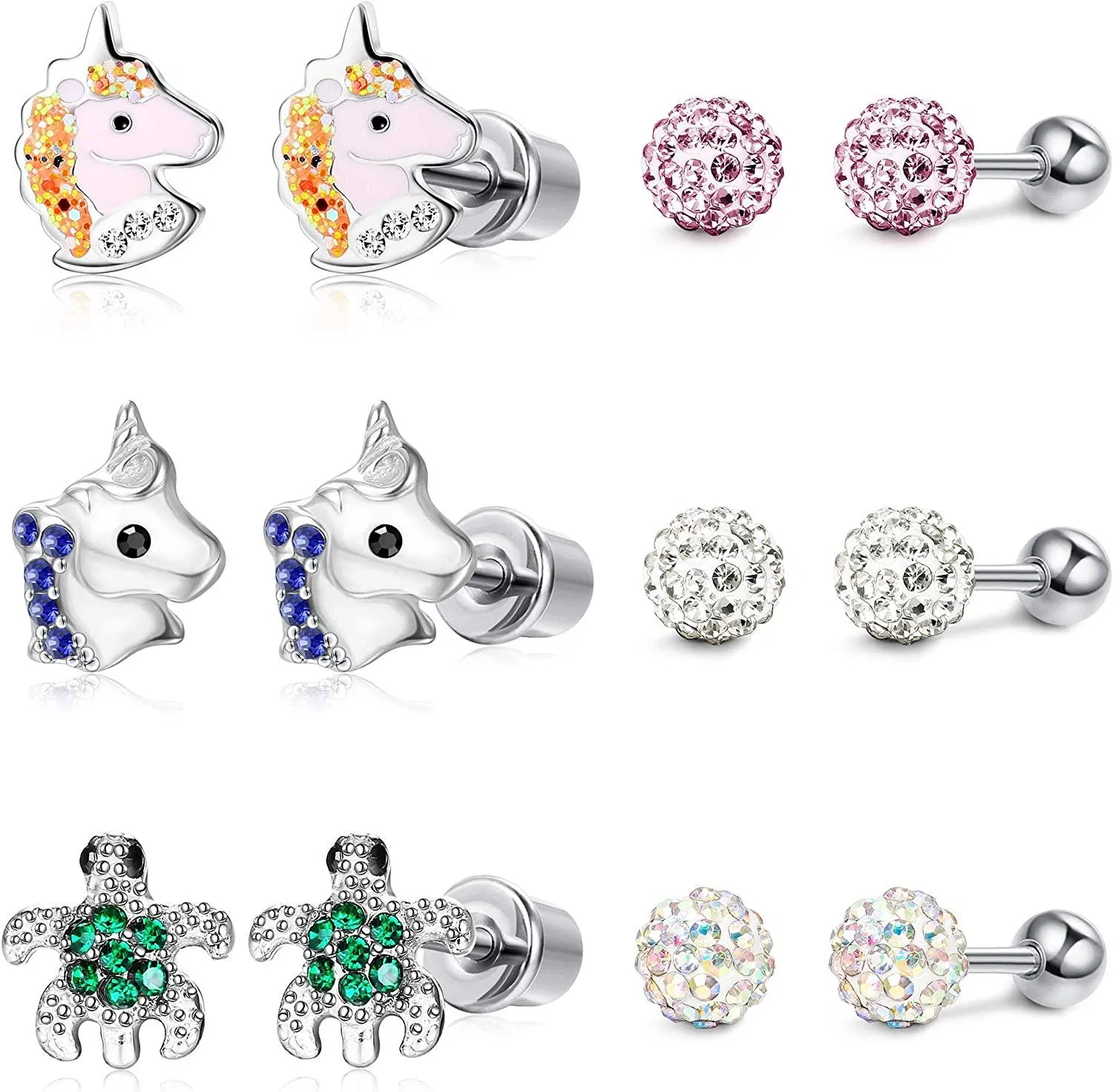 6Pairs Heart CZ Butterfly Stud Earrings Mickey Mouse Turtle Unicorn Stud Earrings Screw on Backs Earring Tragus Cartilage Jewelry - Grocery