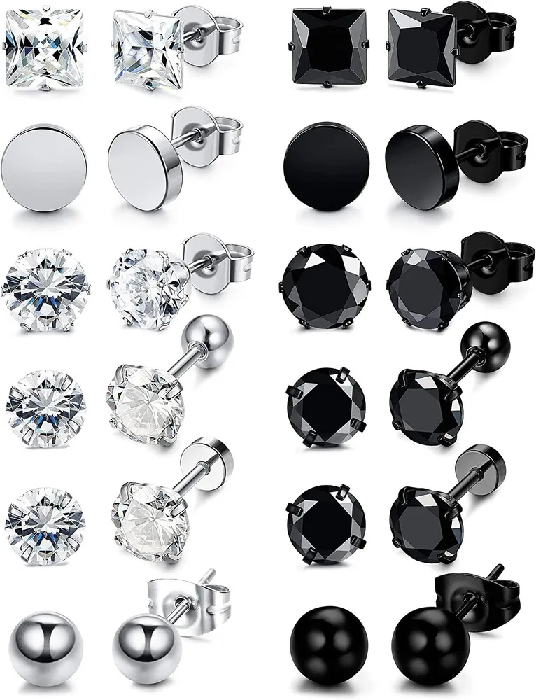 12 Pairs Stainless Steel Black White Stud Earrings for Men Women Cool CZ Ear Piercing Earring Jewelry 3-8mm - Grocery
