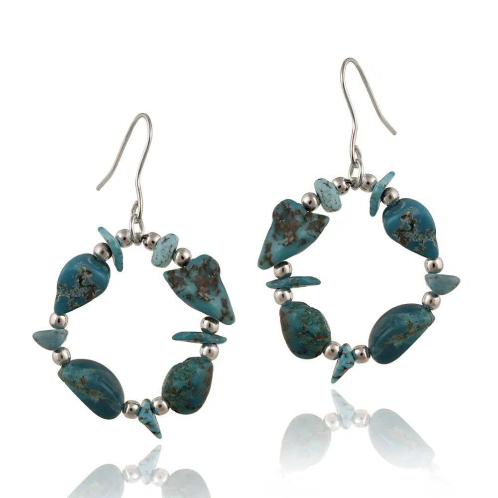 Sterling Silver Created Turquoise Chips Open Circle Dangle Earrings - Grocery