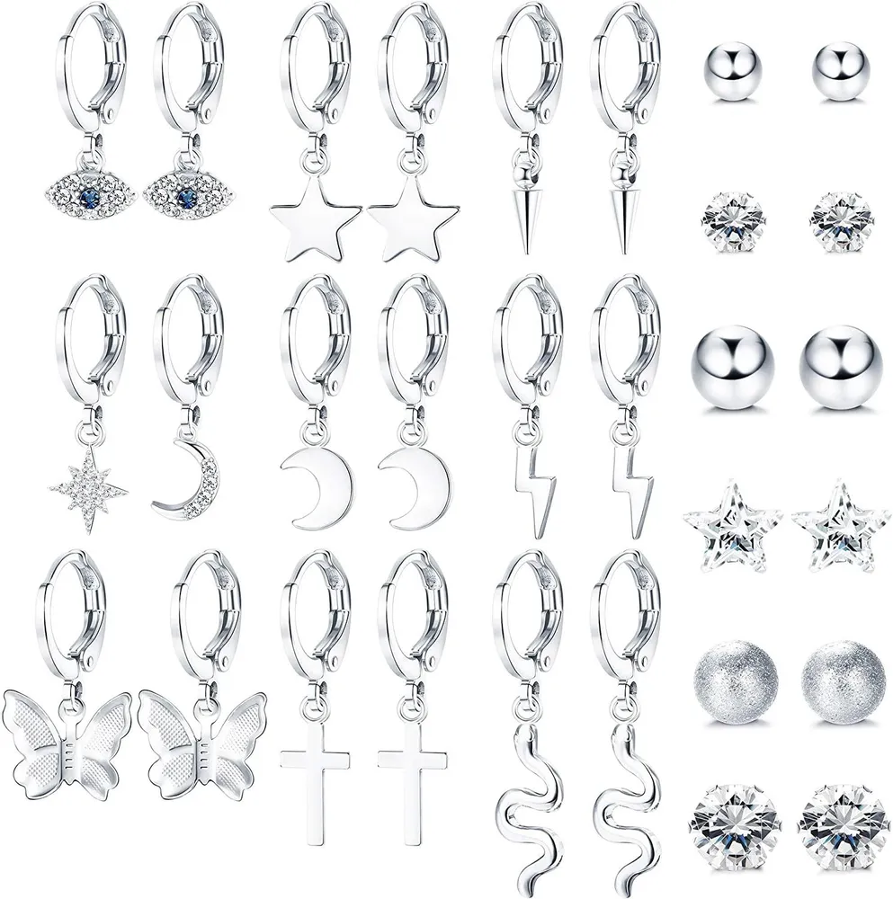 15 Pairs Small Dangle Hoop Earrings for Women Cute Snake Butterfly Star and Moon Lightning Huggie Hoop Earrings Ball Cubic Zirconia Stud Earring Set - Grocery