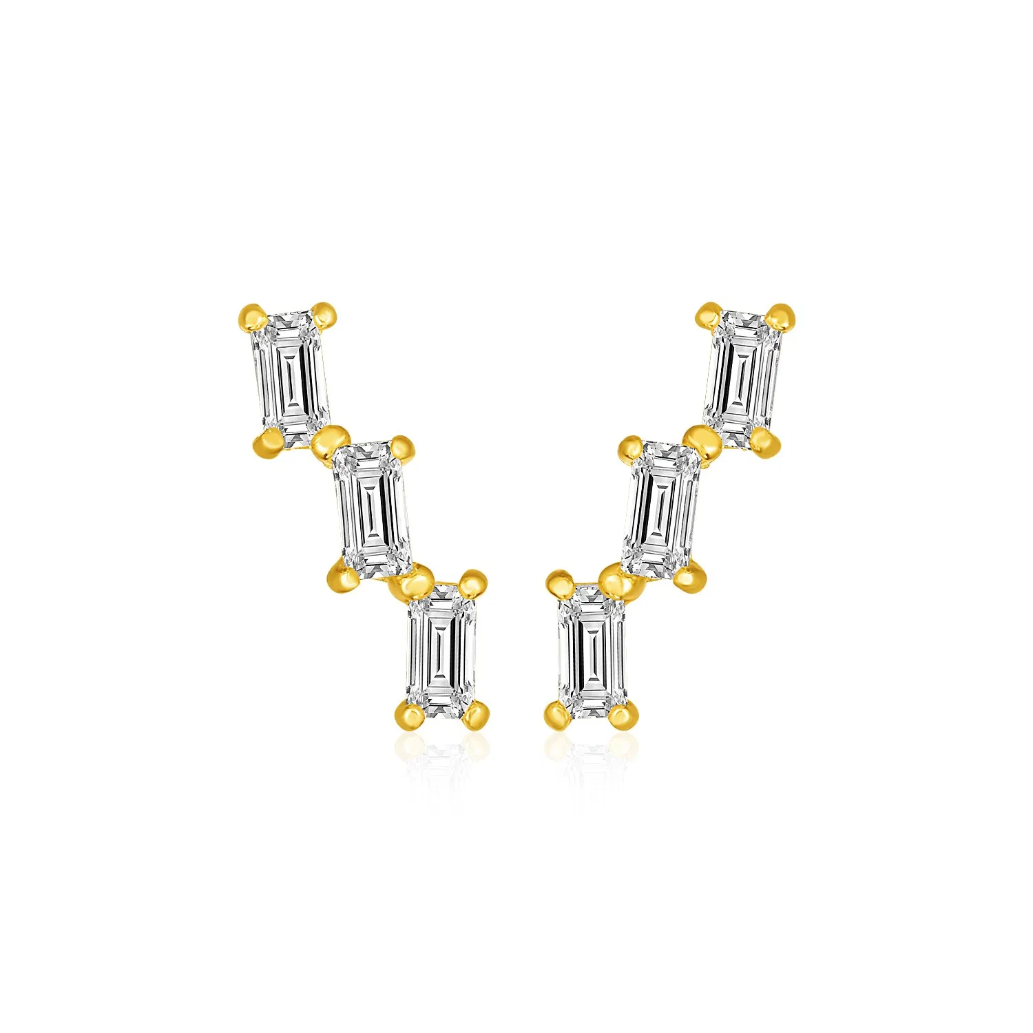 14k Yellow Gold Climber Post Earrings with Baguette Cubic Zirconias - Grocery