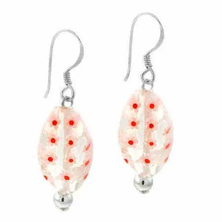 Sterling Silver White & Red Murano Glass Oval Bead Millefiori Earrings - Grocery