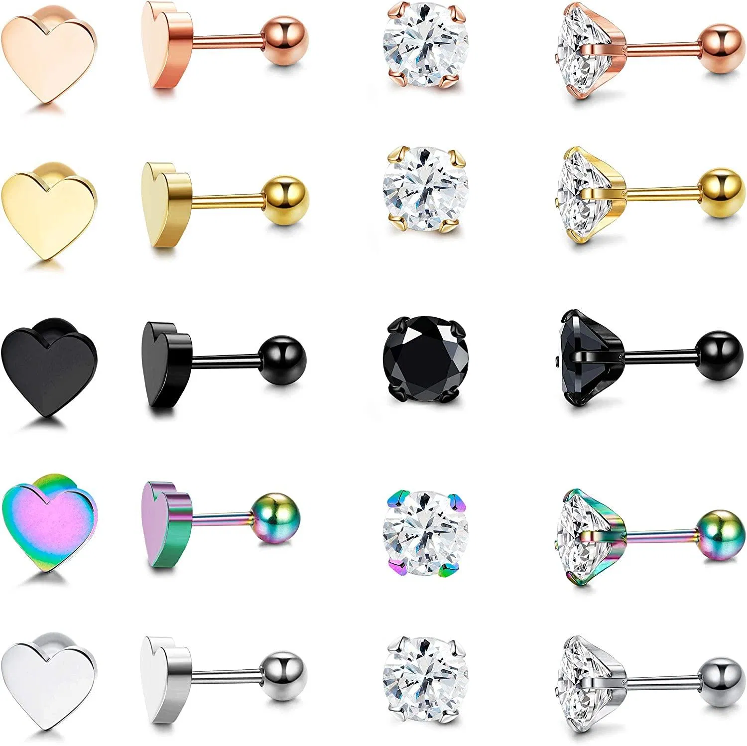 10 Pairs 20G 316L Stainless Screw Ball Back Earrings for Women Men Cubic Zirconia Stud Earrings Heart Barbell Ear Piercing Studs - Grocery