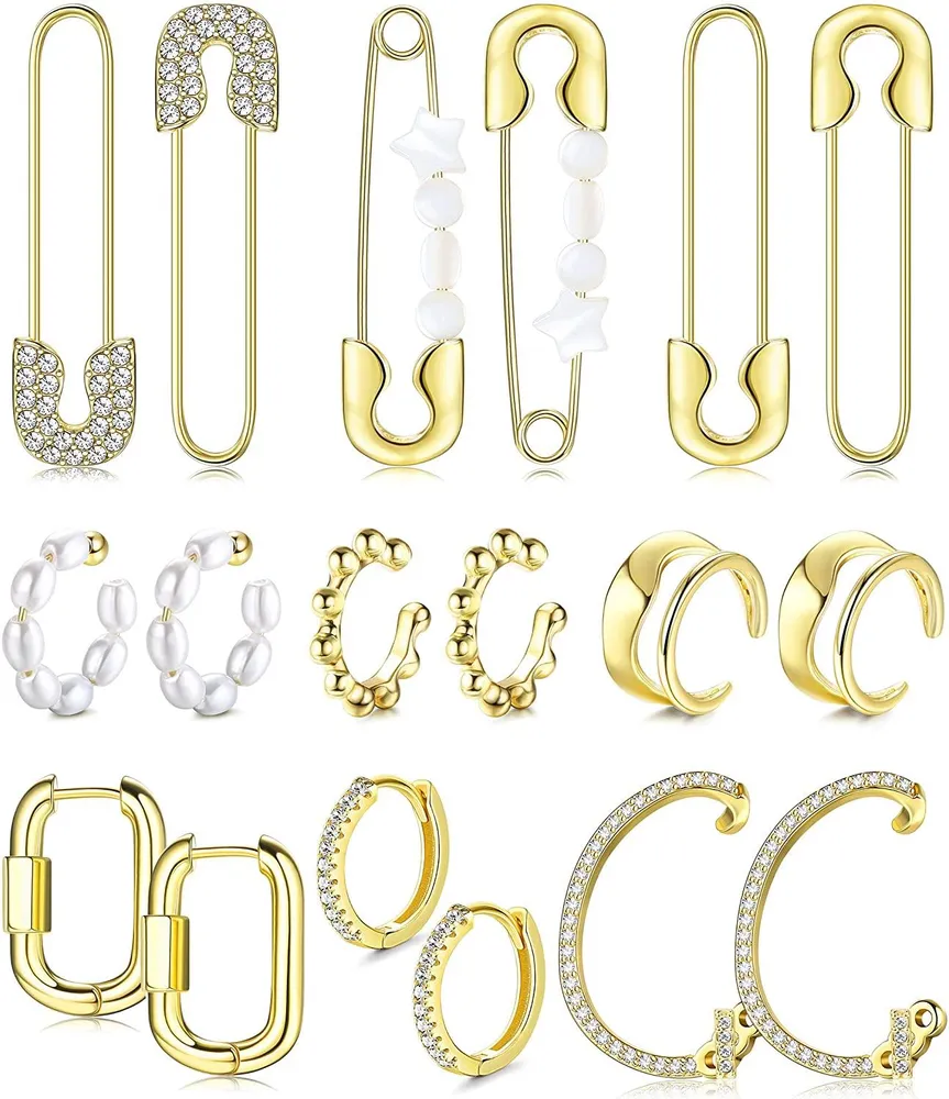 9 Pairs 14k Gold Plated Chunky Hoop Earrings for Women Cartilage Ear Cuff Helix Earrings Cubic Zirconia Paper Clip CZ Safety Pin Earrings Set - Grocery