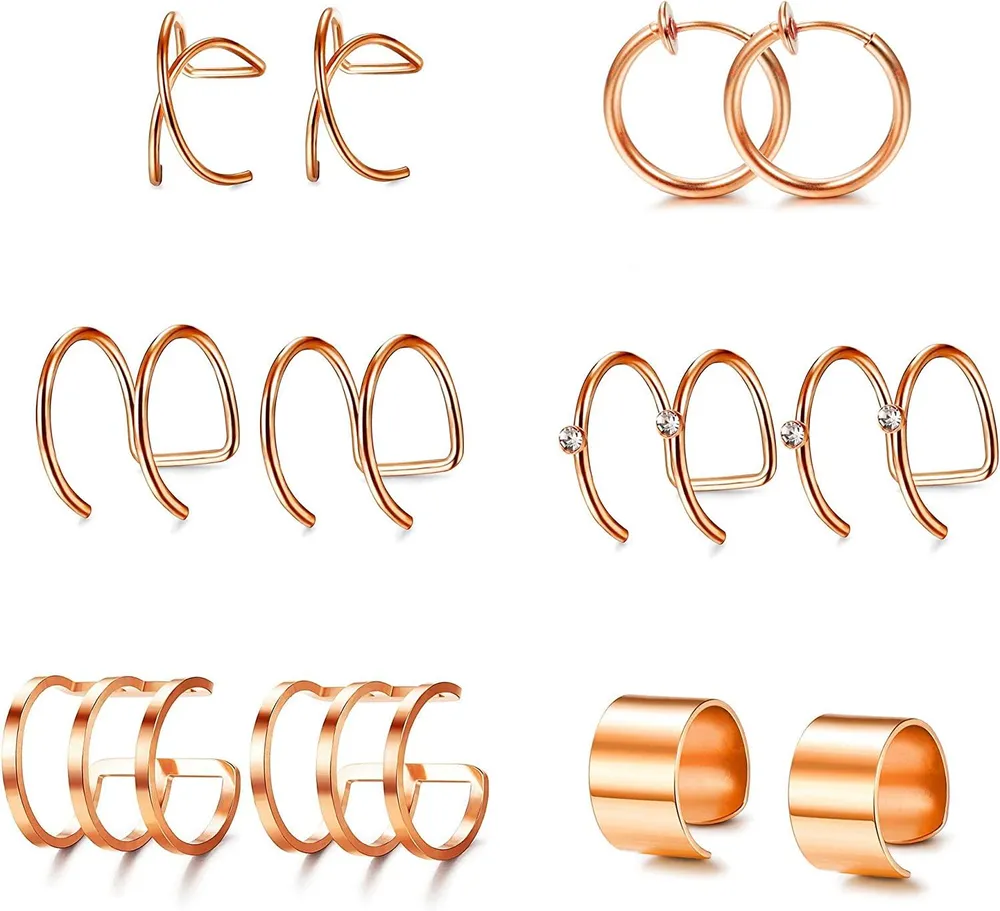 6Pairs Stainless Ear Cuff Set Non-Piercing Clip on Cartilage Earrings for Men Women - Grocery