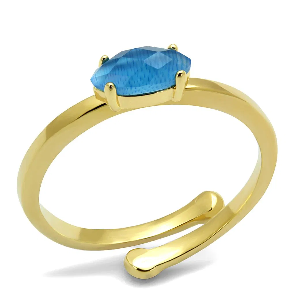 LO4064 - Flash Gold Brass Ring with Synthetic Cat Eye in Capri Blue - Grocery