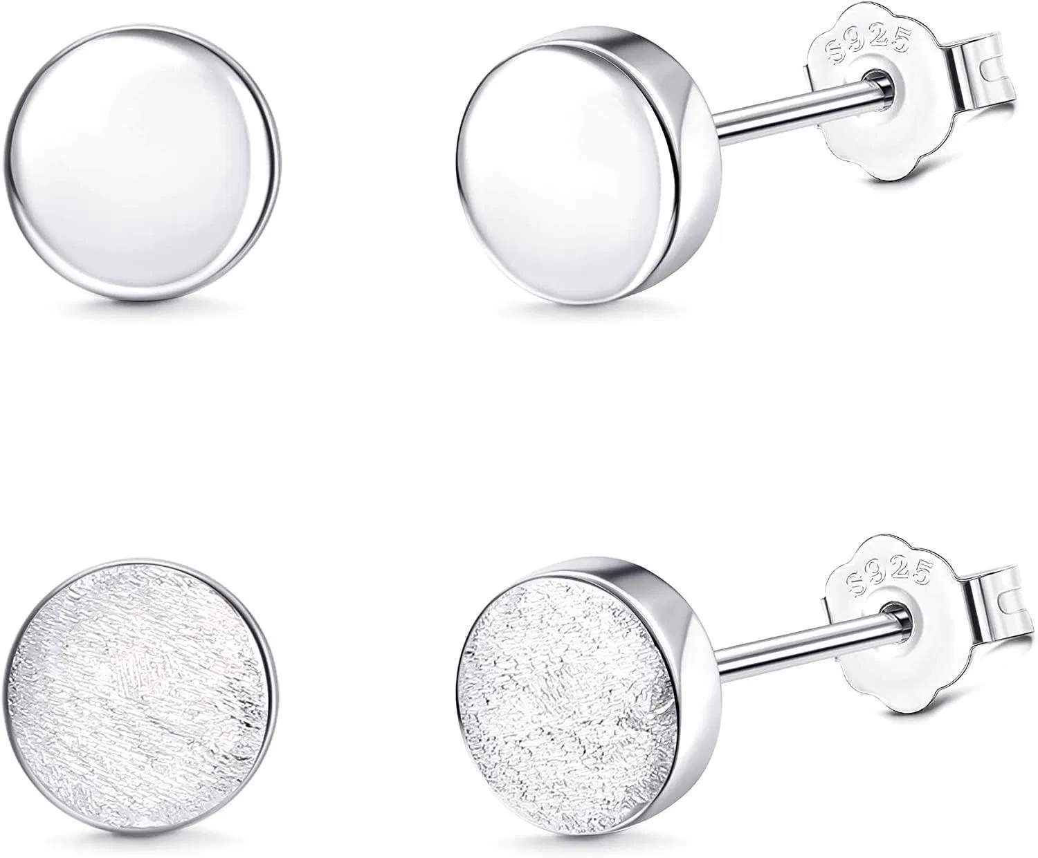 2 Pairs of Small Flat Round 925 Stud Earrings Women Polished and Matt Earrings Set 4-6mm - Grocery
