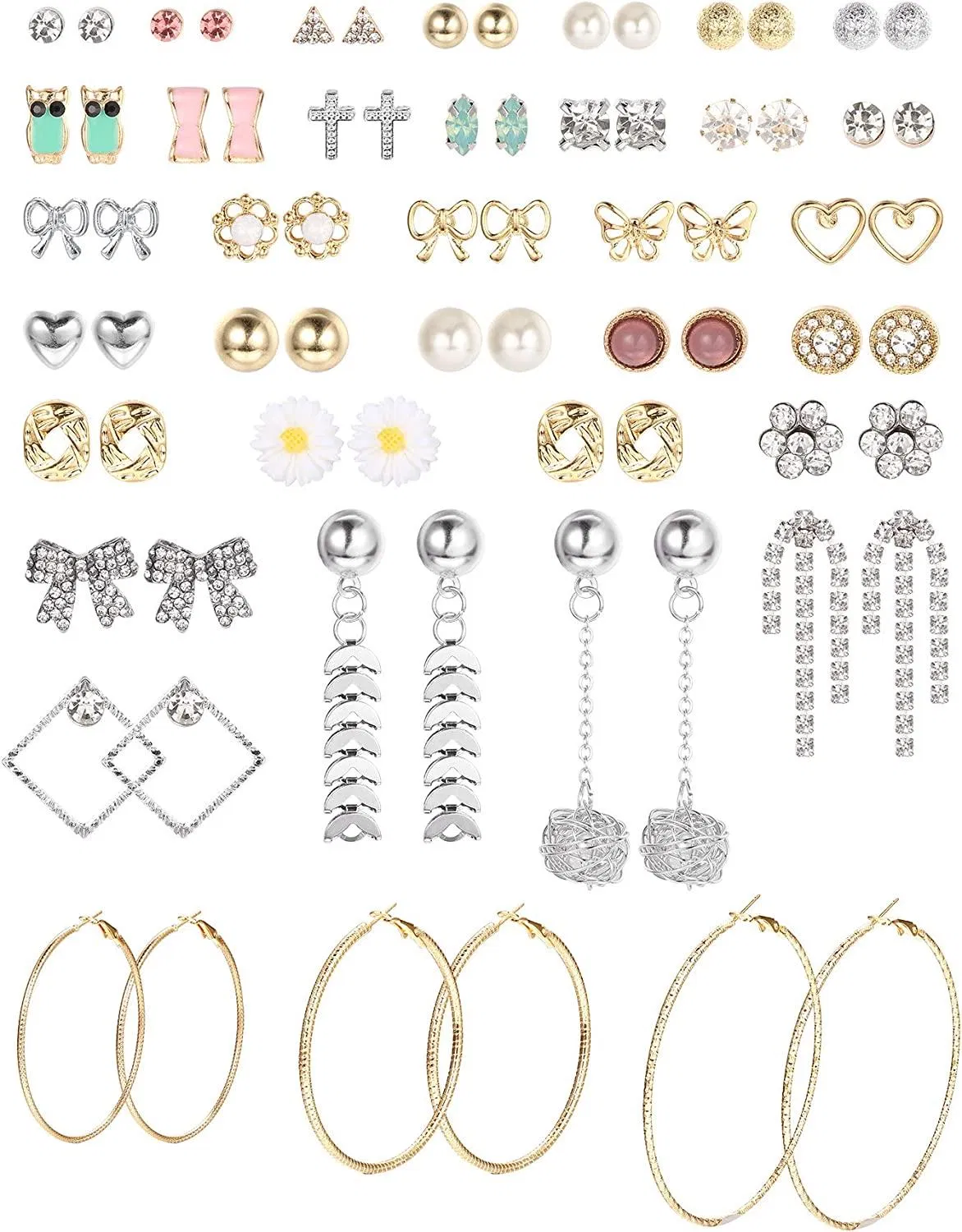 36 Pairs Assorted Stainless Stud Earrings Hoops Dangle Multiple Earrings for Women Simple Cute Vintage Womens Jewelry Set - Grocery