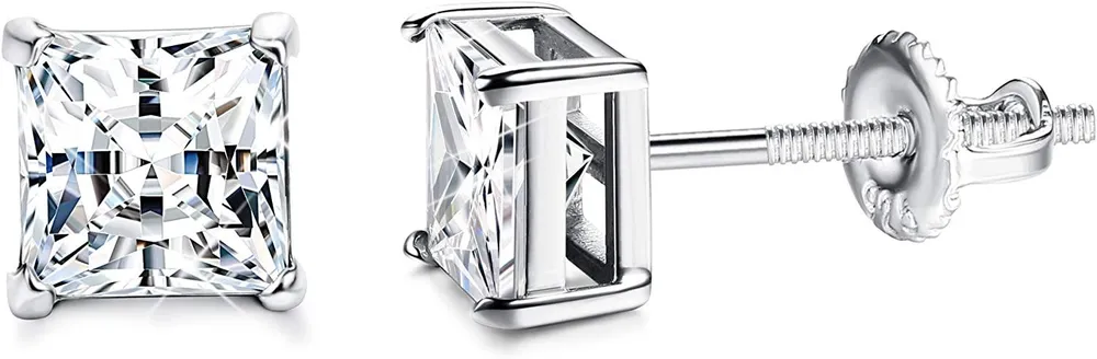 3mm 925 Sterling Silver Austria Cubic Zirconia Princess Cut Stud Earrings for Women Men White Gold Plated Screwback Earrings for Birthday Anniversary - Grocery