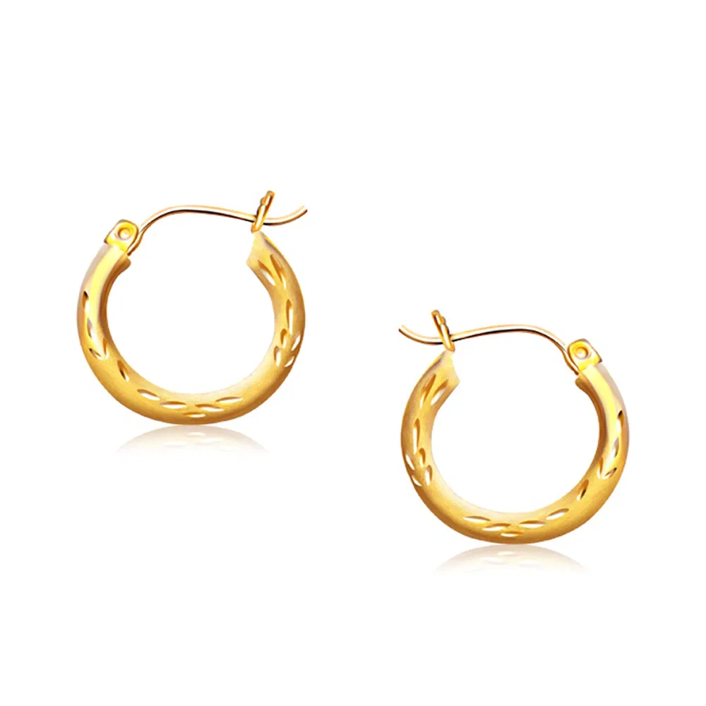 14k Yellow Gold Fancy Diamond Cut Hoop Earrings (3x15mm) - Grocery