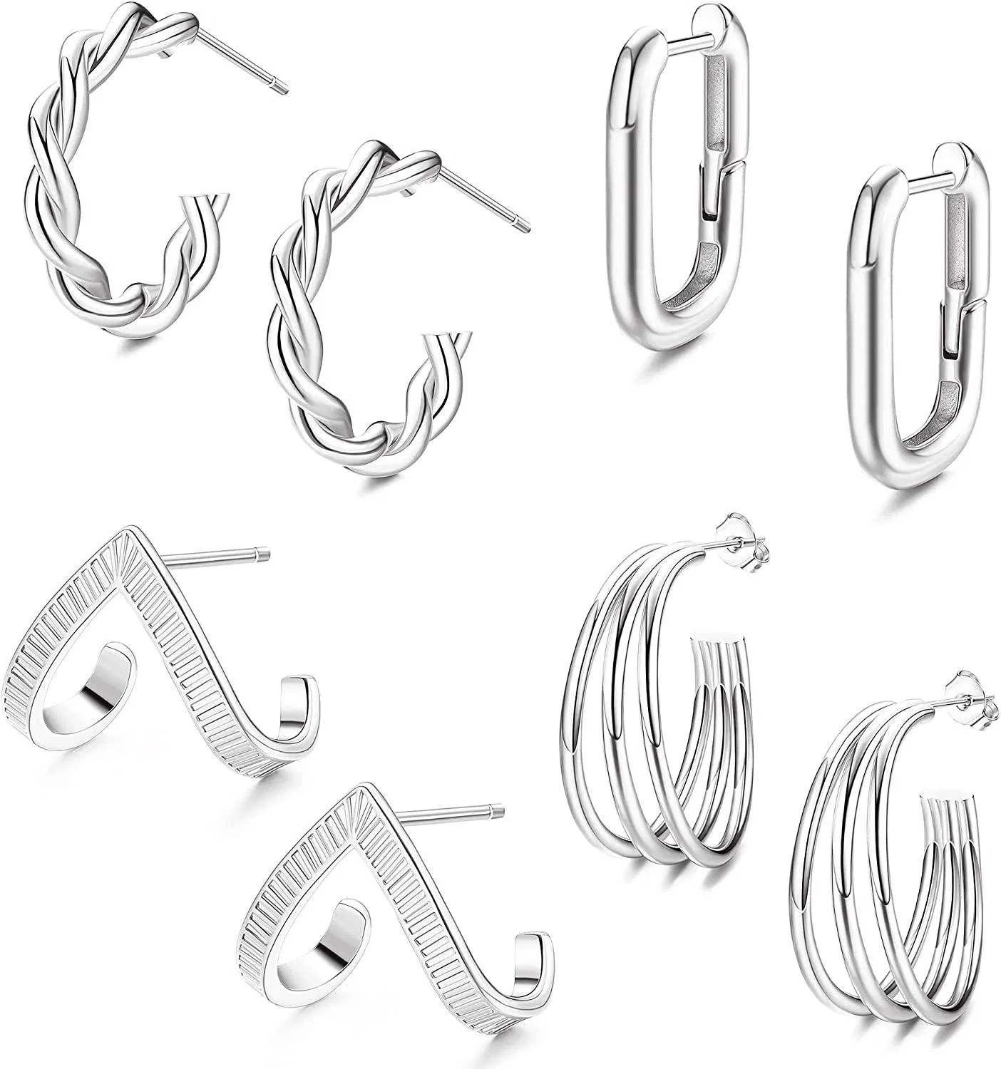 4 Pairs Chunky Hoop Earrings Twisted Small Round Hoop Huggie Earring Geometric Charm Drop Earrings for Women - Grocery