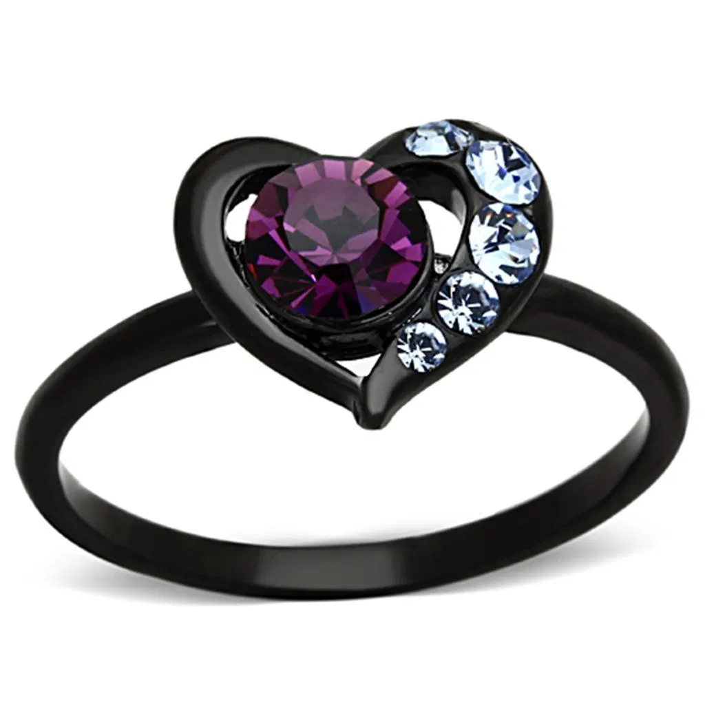 TK1300 - IP Black(Ion Plating) Stainless Steel Ring with Top Grade Crystal in Amethyst - Grocery