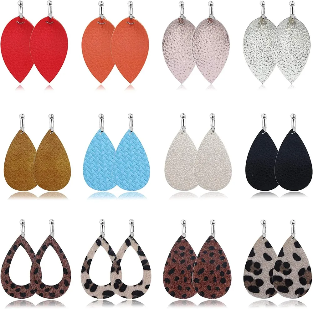 12 Pairs Clip On Leather Earrings for Women Lightweight Teardrop Clipon Dangle Earrings Non Piercing Drop Earrings Set - Grocery