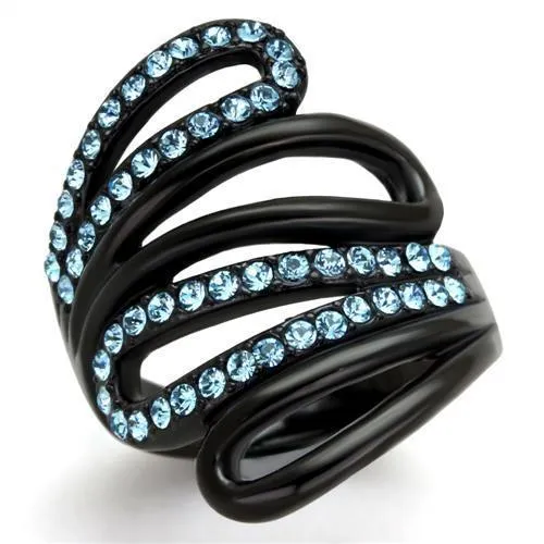 TK1835 - IP Black(Ion Plating) Stainless Steel Ring with Top Grade Crystal in Sea Blue - Grocery
