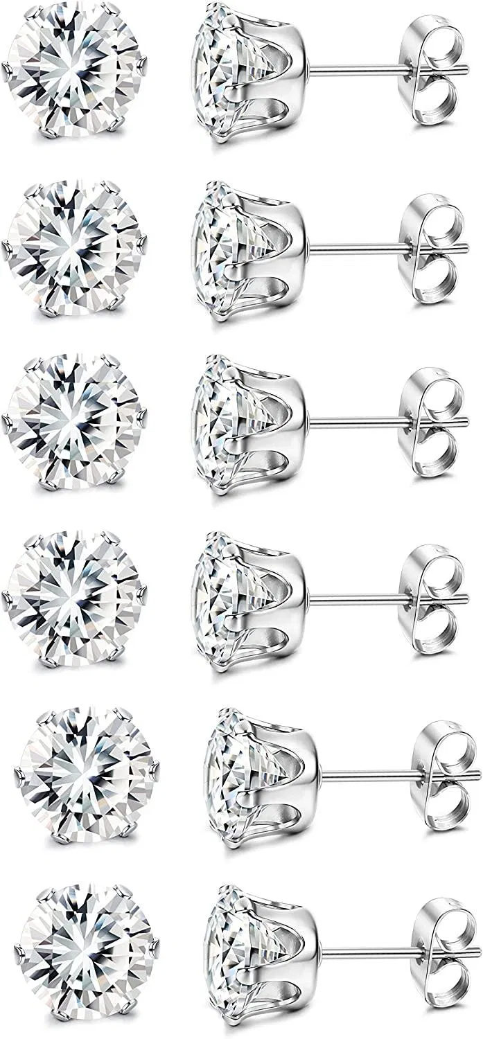 6 Pairs Stainless CZ Stud Earring Ear Stud Earring Set for Men Women - Grocery