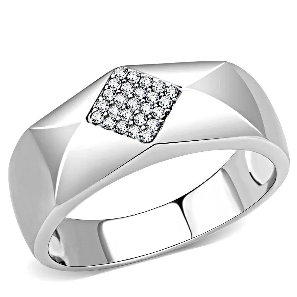 DA288 - High polished (no plating) Stainless Steel Ring with AAA Grade CZ in Clear - Grocery