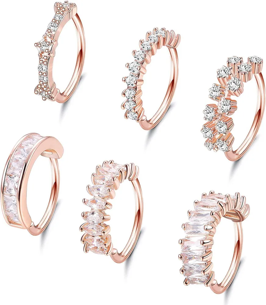 6PCS Stainless Nose Hoop Rings Paved CZ Crawler Hoop Earrings Leaf Flowers Lip Helix Cartilage Earring Nose Ring Piercing for Women - Grocery