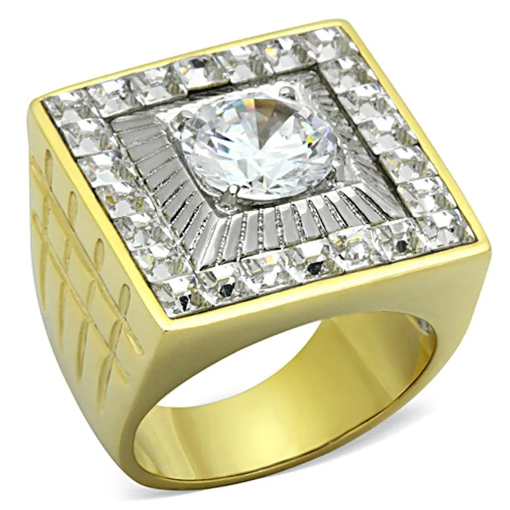 TK1359 - Two-Tone IP Gold (Ion Plating) Stainless Steel Ring with AAA Grade CZ in Clear - Grocery