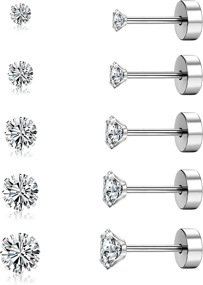 5 Pairs Stainless Earrings set; Cubic Zirconia Stud Earrings for Women Men Tiny Lab diamond Earrings Studs Helix Cartilage earrings - Grocery