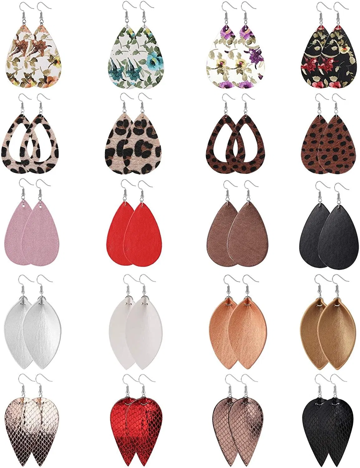 20 Pairs Leather Teardrop Dangle Earrings For Women Petal Leopard Print Leaf Drop Antique Lightweight Earrings - Grocery