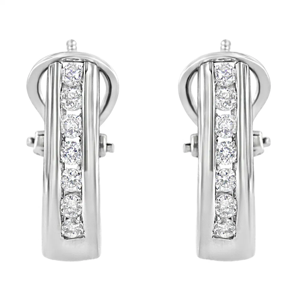 .925 Sterling Silver 1/2 cttw Channel-Set Round-Cut Diamond Omega Back Huggy Hoop Earrings (I-J Color, I1-I2 Clarity) - Grocery