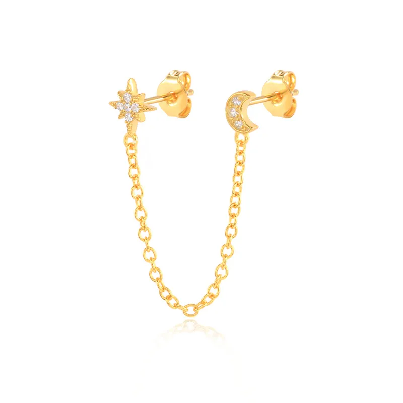 S925 Sterling Silver Double Long Chain Star Moon Earrings - Grocery