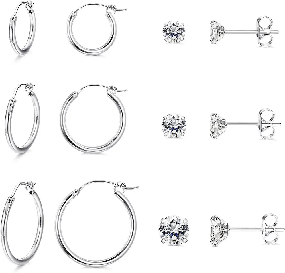 6 Pairs Small Hoop Stud Earrings Set for Women Men Stainless Huggie Earrings Tiny Cubic Zirconia Stud Earrings Hypoallergenic - Grocery