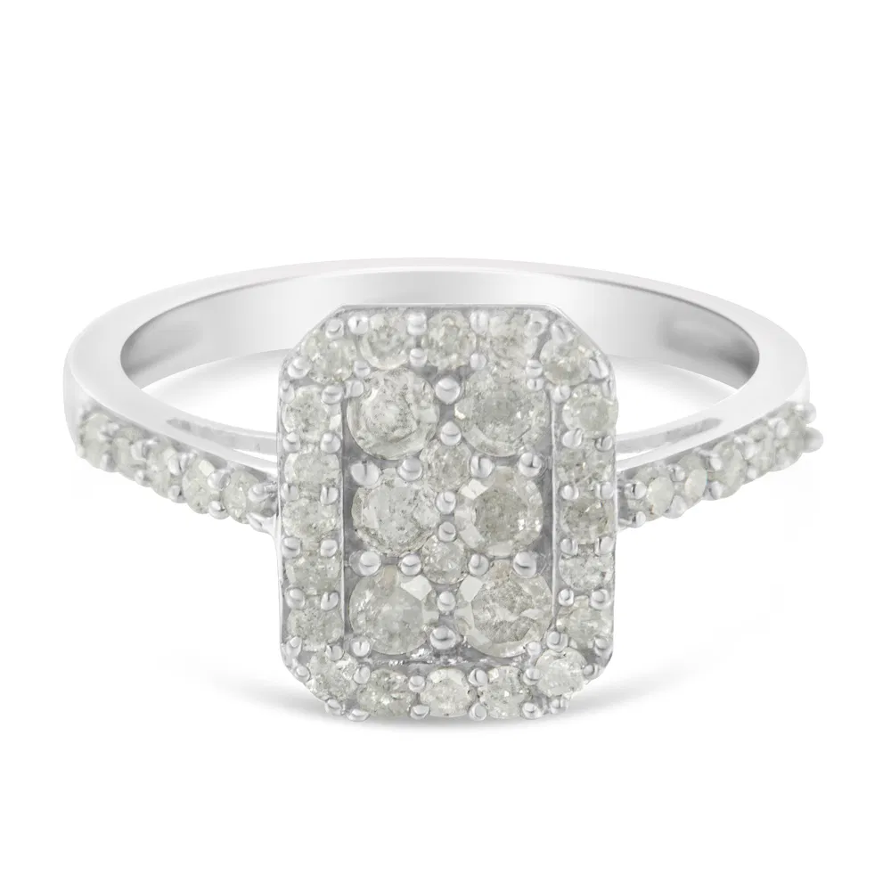 .925 Sterling Silver 1.0 Cttw Diamond Emerald-Shaped Cluster with Halo Cathedral Style Cocktail Ring (I-J Color, I3 Clarity) - Grocery